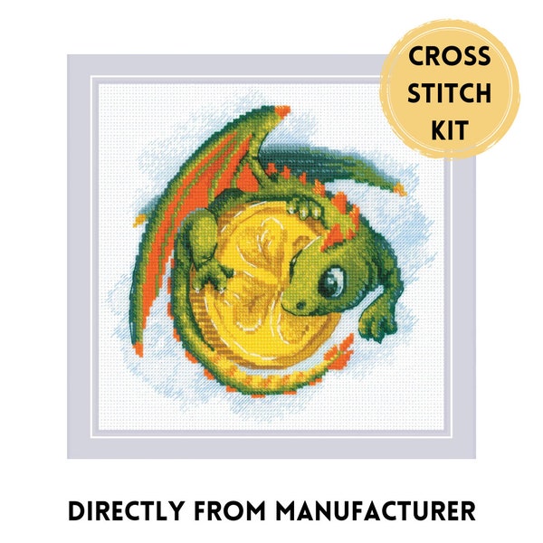 RIOLIS Cross Stitch Kit 2142 Good Luck Coin, Little Dragon Holding a Gold Coin With his Tiny Orange Red Green Wings and Long Tail