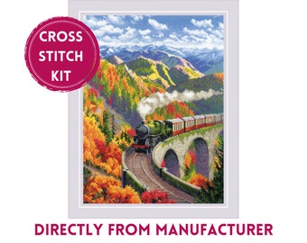 RIOLIS cross stitch kit 2211 Autumn Express, Embroidery Kit with a Train Riding through the Mountains in Colorful Autumn