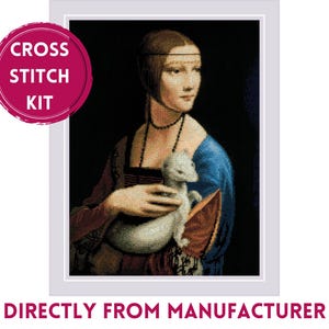 May include: Cross stitch kit featuring a portrait of a woman with a white ferret in her arms. The woman is wearing a blue dress and a pearl necklace. The background is dark.