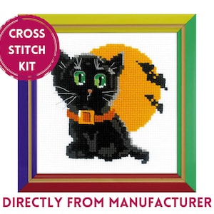 RIOLIS Counted Cross Stitch Kit HB-175 Black Cat, Embroidery Kit with an Adorable Little Black Kitten, Halloween Themed Cross Stitch Art