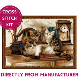 The RIOLIS cross stitch kit Furry Friends features beautiful three kittens playing. The kit includes wool acrylic threads in 20 colors, a needle, Zweigart 14ct flaxen AIDA fabric and a color chart. The finished size is 40x30 cm