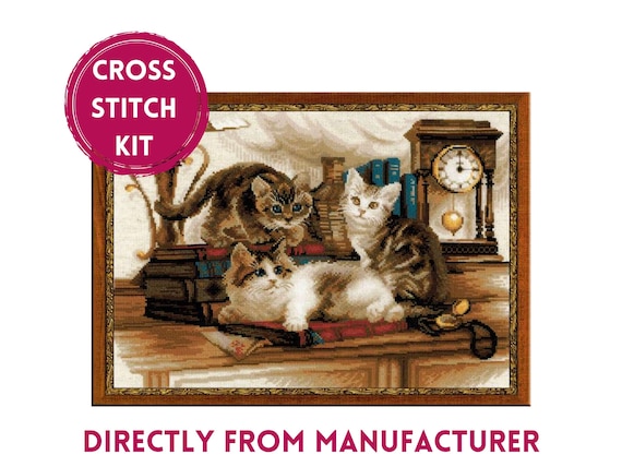 RIOLIS Counted Cross Stitch Kit 1247 Furry Friends, Embroidery Kit with Three Little Kittens on a Book Table, Art on Flaxen Fabric