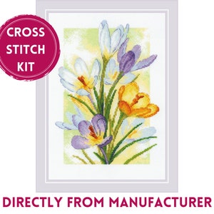 RIOLIS Counted cross stitch kit 2190 Spring Glow. Crocuses, Embroidery Kit with Purple, White and Yellow Flowers, Realistic Floral Wall Art
