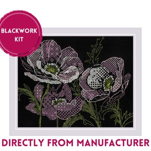 May include: Blackwork embroidery kit featuring a design of three pink and white poppies on a black background. The kit includes all the materials needed to complete the project.  "Blackwork Kit" is written in white on a red circle.