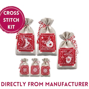 RIOLIS Counted Cross Stitch Kit 1980 Winter Gifts, Embroidery Kit with Adorable Little Christmas Bags, Winter Themed Cross Stitch Art
