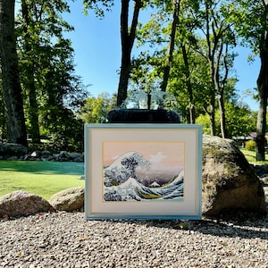 The RIOLIS cross stitch kit The Great Wave off Kanagawa after K. Hokusai Artwork features a detailed design using 17 colors of Anchor stranded cotton threads. The kit includes a needle, Zweigart 14ct white AIDA fabric, and a color chart.