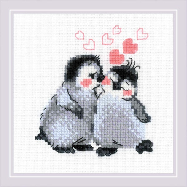 RIOLIS Cross Stitch Kit 2010 Ciao, bella!, Embroidery Kit with Two Adorable Little Penguins Kissing, Love Themed Cross Stitch Art