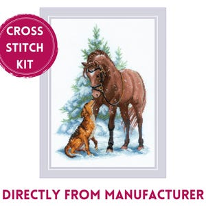 May include: Cross stitch kit featuring a brown horse and a brown and white dog in a snowy winter scene. The horse is wearing a brown bridle and the dog is looking up at the horse.