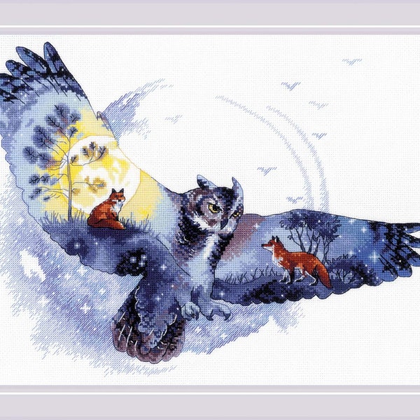 RIOLIS Cross Stitch Kit 1954 In The Night Forest, Embroidery Kit with a Gorgeous Owl, Forest Themed Cross Stitch Art