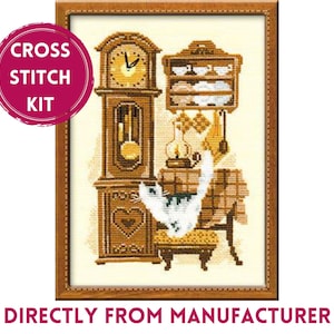 RIOLIS Counted Cross Stich Kit 858 Cat With Clock, Embroidery Kit with an Adorable Cat on a Chair Looking at the Vintage Clock