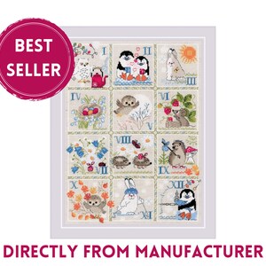 May include: A cross-stitch pattern featuring a calendar with 12 different animals and scenes for each month. The animals include a penguin, owl, bunny, hedgehog, and mouse. The scenes include a winter scene, a spring scene, a summer scene, and a fall scene.