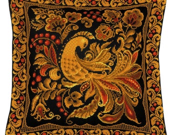 RIOLIS Cross Stitch Kit 1758 Cushion/Panel Khokhloma Painting, Golden Rooster with Red and Brown Big Tail Surrounded by Berries and Flowers