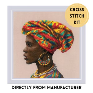 RIOLIS Cross Stitch Kit 2164 Amazing Woman, African Black Female with Big Hoop Earrings and Colourful Cloth Scarf on Her Head