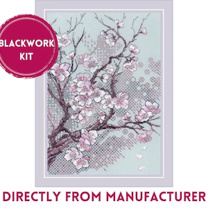 May include: A cross-stitch kit featuring a floral design with pink blossoms on a brown branch against a light blue background. The words "BLACKWORK KIT" are in a pink circle. The text "DIRECTLY FROM MANUFACTURER" is at the bottom.