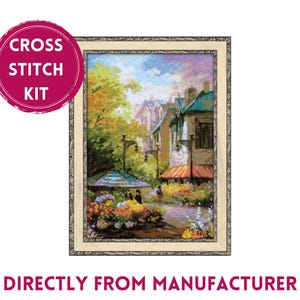 RIOLIS Counted Cross Stitch Kit 1306 Flower Street, Embroidery Kit with a Beautiful Vintage Street Full of Gorgeous Buildings and Flowers