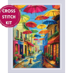 Counted cross stitch kit Colorful Umbrellas with colorful Mediterranean street view, No. 2335, Gift for travelers by RIOLIS