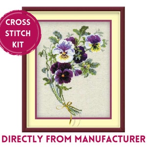 RIOLIS Counted Cross Stitch Kit 1020 Bunch of Pansies, Embroidery Kit with a Little Bouquet of Pansies, Cross Stitch Art on Flaxen Fabric.