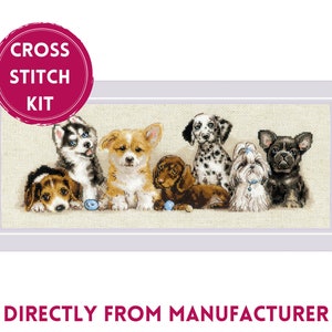 May include: Cross stitch kit featuring a group of seven adorable puppies of different breeds, including a husky, corgi, dachshund, dalmatian, shih tzu, and french bulldog. The puppies are all looking at the viewer and have playful expressions on their faces. The kit includes all the necessary materials to complete the cross stitch project.