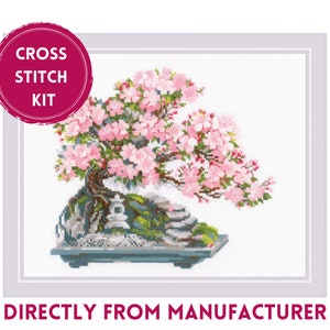 The RIOLIS cross stitch kit Flowering Bonsai features a delicate bonsai design using 17 colors of wool/acrylic threads. The kit includes a needle, Zweigart 14ct white AIDA fabric, and a color chart. The finished size is 30x24 cm (11¾in x 9½in).