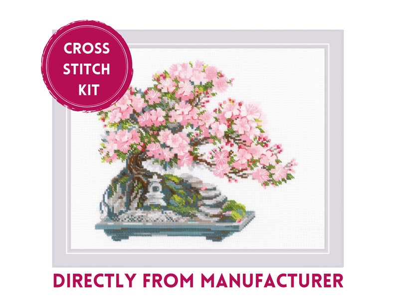 The RIOLIS cross stitch kit Flowering Bonsai features a delicate bonsai design using 17 colors of wool/acrylic threads. The kit includes a needle, Zweigart 14ct white AIDA fabric, and a color chart. The finished size is 30x24 cm (11¾in x 9½in).