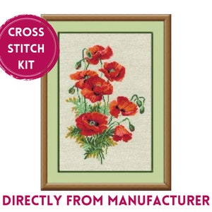 Peut inclure: Kit de point de croix avec une image encadrée de coquelicots rouges avec des feuilles vertes sur un fond blanc. Le kit comprend tous les matériaux nécessaires pour réaliser le projet.