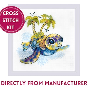 May include: Cross stitch kit featuring a colorful turtle with a palm tree on its back, swimming in a blue sea. The turtle is primarily blue, yellow, and purple. The text "CROSS STITCH KIT" is in a pink circle.
