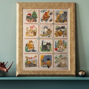 The RIOLIS cross stitch kit Cat Calendar features a charming calendar design with cats, using 29 colors of wool/acrylic threads. The kit includes a needle, Zweigart 14ct white AIDA fabric, and a color chart. The finished size is 30x40 cm.
