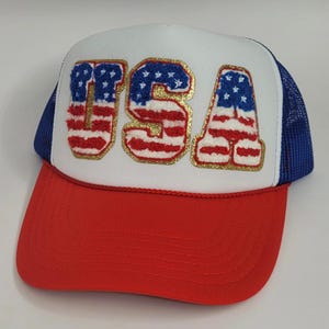 Patriotic USA Trucker Hat – Red White & Blue Mesh Cap with Chenille Patch – 4th of July Hat – American Flag Hat – USA Baseball Cap