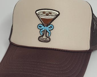 Espresso Martini Trucker Hat | Coffee Cocktail Patch Hat | Trendy Brown Beige Snapback | Cute Drink Hat | Fun for Coffee & Cocktail Lovers