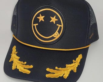 Gold Embroidered Smiley Face Trucker Hat – Star Eyes, Tongue Out | Rockstar Style Captain Hat