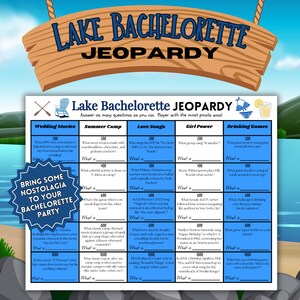 Könnte beinhalten: Ein Lake Bachelorette Jeopardy-Spielbrett mit Kategorien wie Wedding Movies und Love Songs. Das Spielbrett ist blau und weiß mit einem Holzschild mit der Aufschrift "Lake Bachelorette Jeopardy".