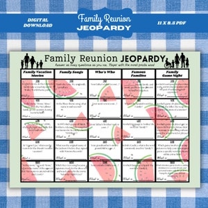 May include: A printable family reunion game board with a watermelon theme. The game board is divided into five categories: Family Vacation Movies, Family Songs, Who's Who, Famous Families, and Family Game Night. Each category has five questions with point values of 100, 200, 400, 600, 800, and 1000.