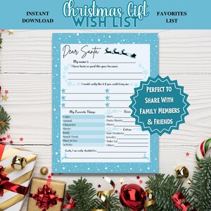 Weihnachtswunschliste und Lieblingssachen, Brief an Weihnachtsweihnachtswunschliste druckbare & Geschenkfragebogen, Alles über mich Urlaub Vorlage