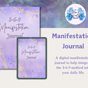 Könnte beinhalten: Ein digitales Journal mit einem lila und goldenen Aquarellhintergrund. Der Text "3-6-9 Manifestation Journal" ist auf dem Cover abgebildet. Das Journal soll helfen, die 3-6-9-Methode in den Alltag zu integrieren.