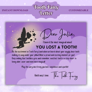 Carta del Hada de los Dientes para celebrar el primer diente perdido, nota personalizada del Hada de los Dientes