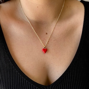 14K gold plated necklace,Red heart necklace, puffy heart necklace, everyday jewelry, charm necklace, love, gift for her, gift for MOM.