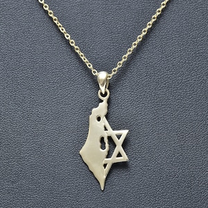 Collier carte d'Israël, étoile de David, symbole juif, plaqué or 21 carats, bijoux israéliens, bijoux juifs, fabriqués en Israël.