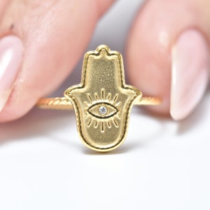 Hamsa ring, eye ring, hamsa zircon ring, gold ring,adjustable ring, evil eye ring, 18K goldfield, stackable ring,gift for her,gift for wife.
