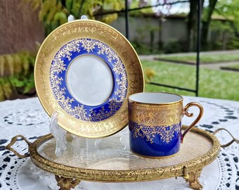 Tazza e piattino vintage Demitasse - Porcellana DW Carlsbad - Oro incrostato - Blu navy Cina - Tazze da collezione - Regalo - Top - 50 ml