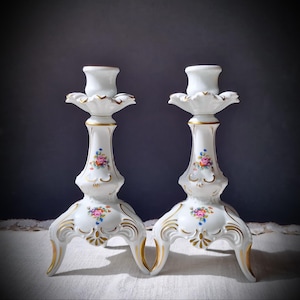 ヴィンテージ 磁器 キャンドルホルダー ペア - ドイツ磁器 - リンドナー - サンスーシ 白模様 - キャンドルホルダー - 花柄バイエルン陶磁器