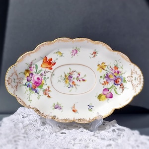1901 - 1914 Floral Dresden Hand Painted Plate - Franziska Hirsch - German Antique Porcelain - Floral Platter - Top - 24cm x 15cm