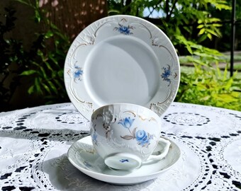 Trio de tasses à thé Furstenberg des années 1970 - Porcelaine blanche et bleue - Porcelaine allemande - Décoration florale - Porcelaine de collection - Cadeau pour elle - Tasse de 130 ml