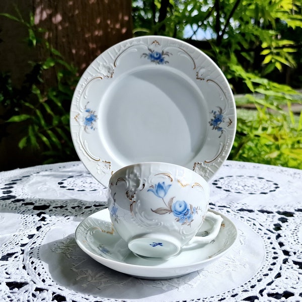 1970s Furstenberg Tea Cup Trio - White Blue China - German Porcelain - Floral Decoration - Collectible China - Gift for Her - Top-130 ml Cup