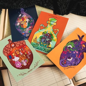 lote 4 Postales, Postal de artista, letra pequeña, linda ilustración