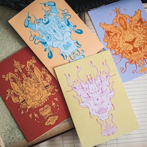 lote 4 Postales, Postal de artista, letra pequeña, ilustración psicodélica