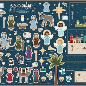May include: A blue and white Christmas-themed felt play set with a variety of characters and objects, including a nativity scene, a star, a donkey, a camel, and a palm tree. The set includes the words "Silent Night" and "Joy to the World".