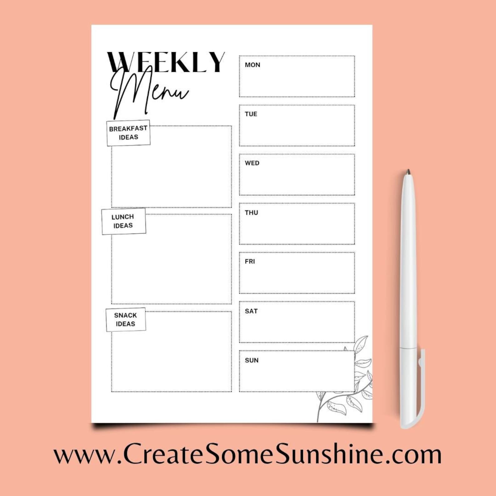 Weekly Menu Planning Calendar Printable Black and White Printable Etsy