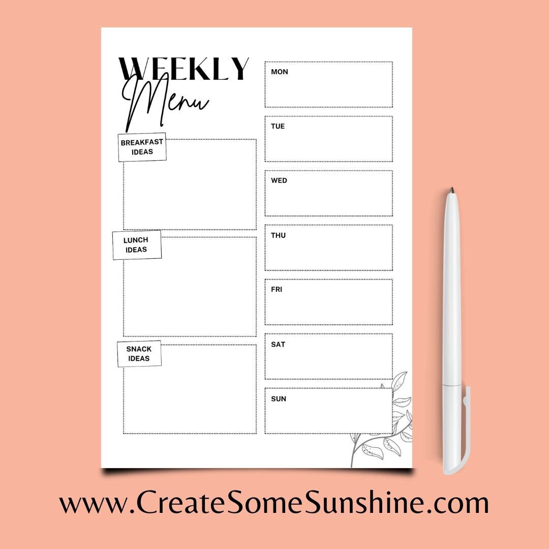 Weekly Menu Planning Calendar Printable Black and White Printable Etsy