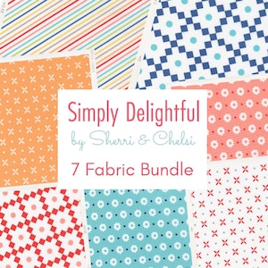 May include: A fabric bundle featuring seven different patterned fabrics. Designs include diagonal stripes, geometric shapes, and floral patterns in various colors such as orange, blue, red, and teal. The text "Simply Delightful" is visible.