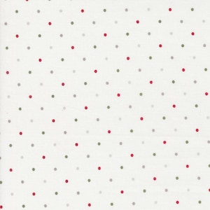 May include: White fabric with a repeating pattern of red, green, and gray polka dots. The dots are evenly spaced across the surface, creating a simple and classic design. This fabric is suitable for various sewing and crafting projects.